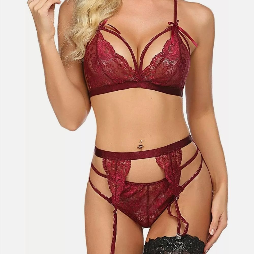 Women Sexy Lingerie Set Lace Teddy Strap Babydoll Bodysuit with Garter Belts